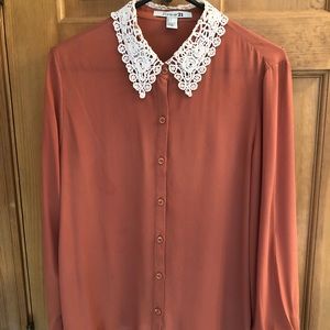 Burnt Orange Button-Up with Lace Collar